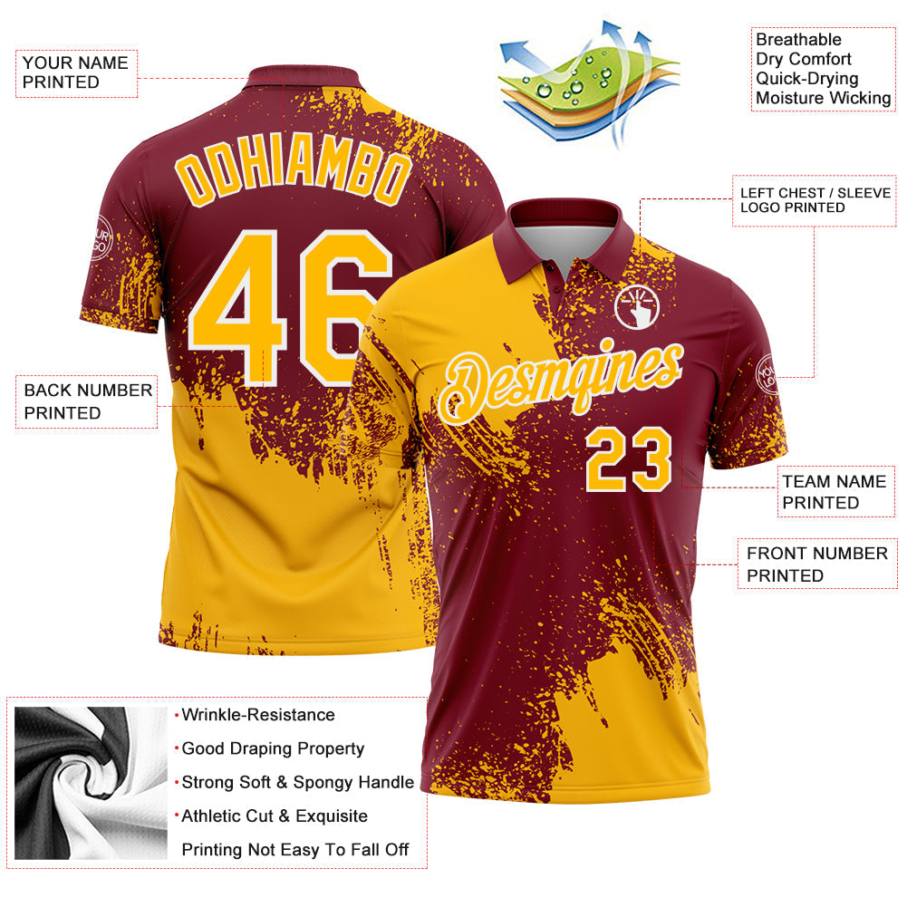 Custom Gold Crimson-White 3D Pattern Design Abstract Brush Stroke Performance Polo Shirt view 3