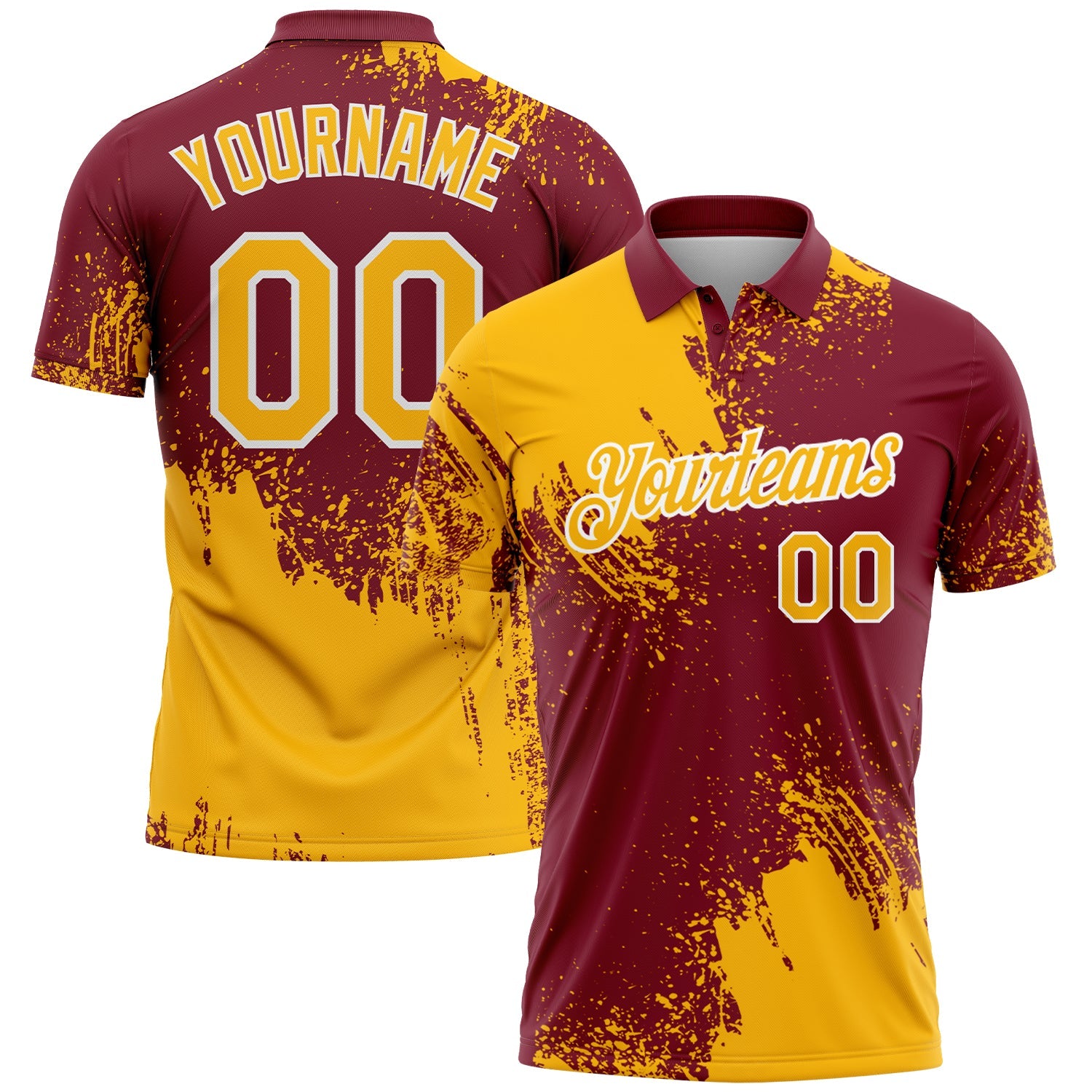 Custom Gold Crimson-White 3D Pattern Design Abstract Brush Stroke Performance Polo Shirt - Main View