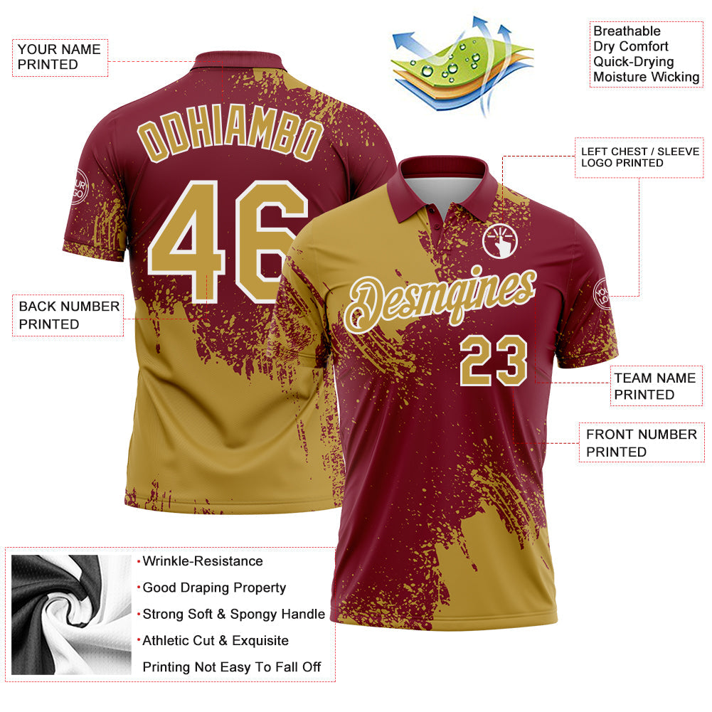 Custom Old Gold Crimson-White 3D Pattern Design Abstract Brush Stroke Performance Polo Shirt view 3