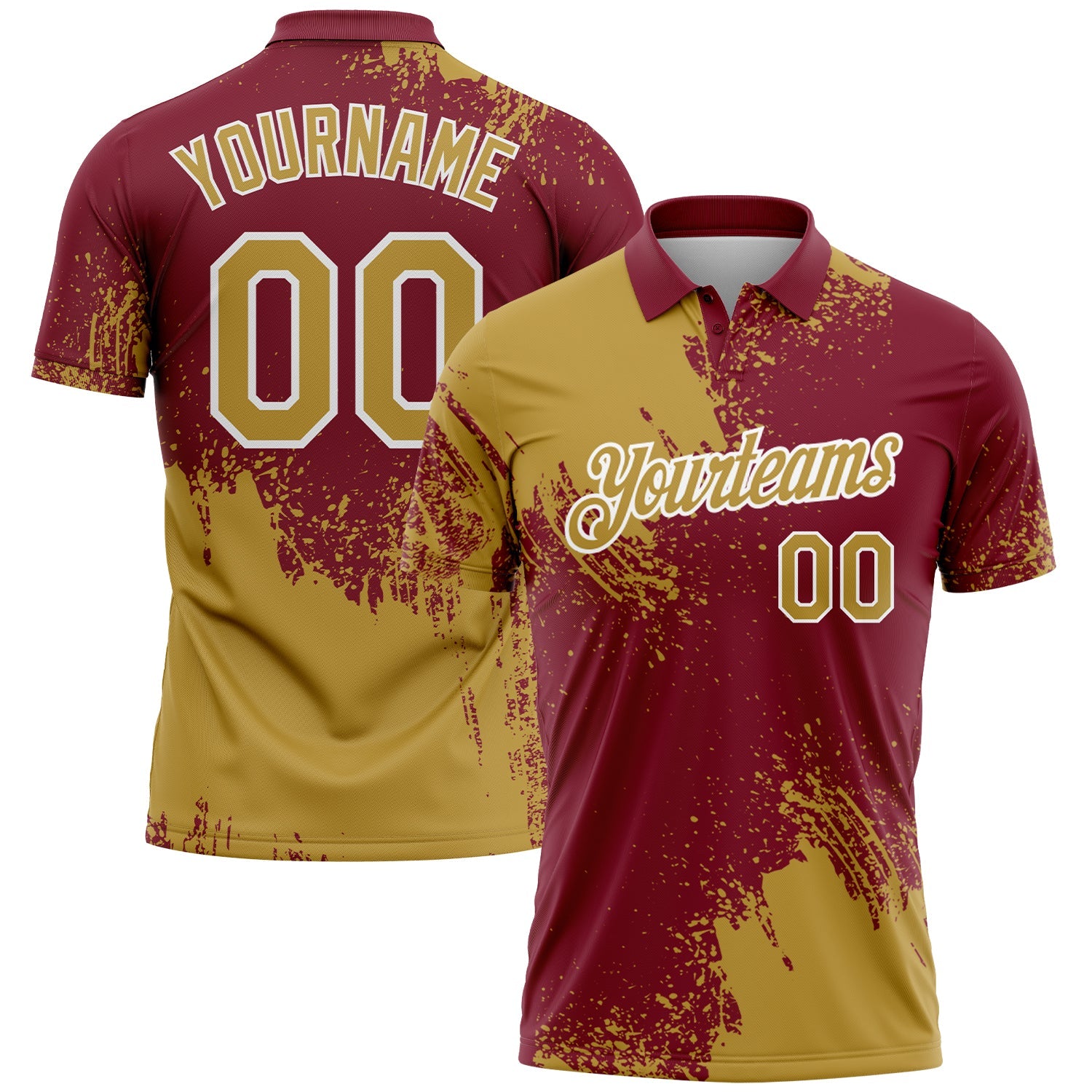 Custom Old Gold Crimson-White 3D Pattern Design Abstract Brush Stroke Performance Polo Shirt - Main View