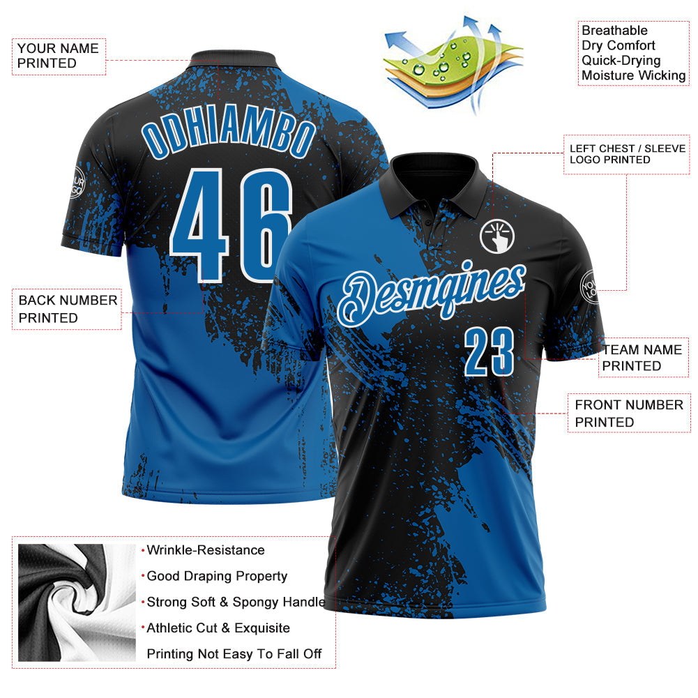 Custom Blue Black-White 3D Pattern Design Abstract Brush Stroke Performance Polo Shirt view 3