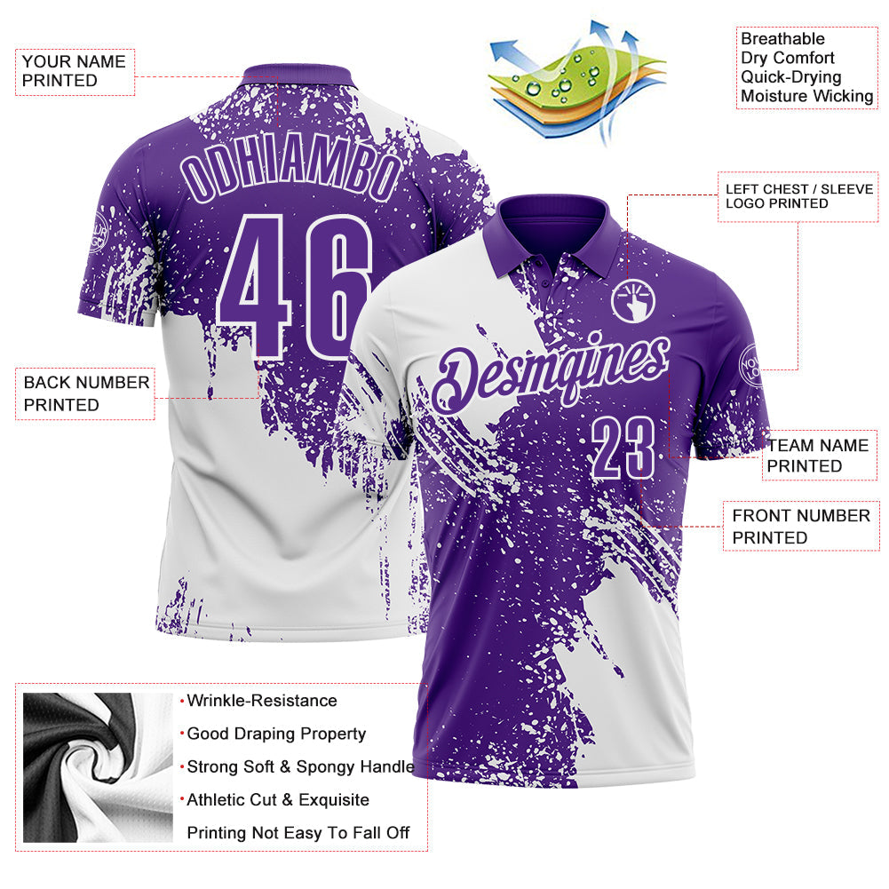 Custom White Purple 3D Pattern Design Abstract Brush Stroke Performance Polo Shirt view 3