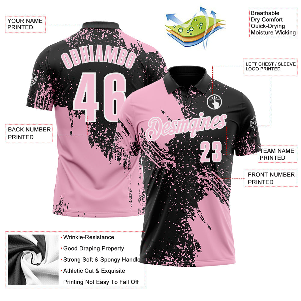 Custom Light Pink Black-White 3D Pattern Design Abstract Brush Stroke Performance Polo Shirt view 3