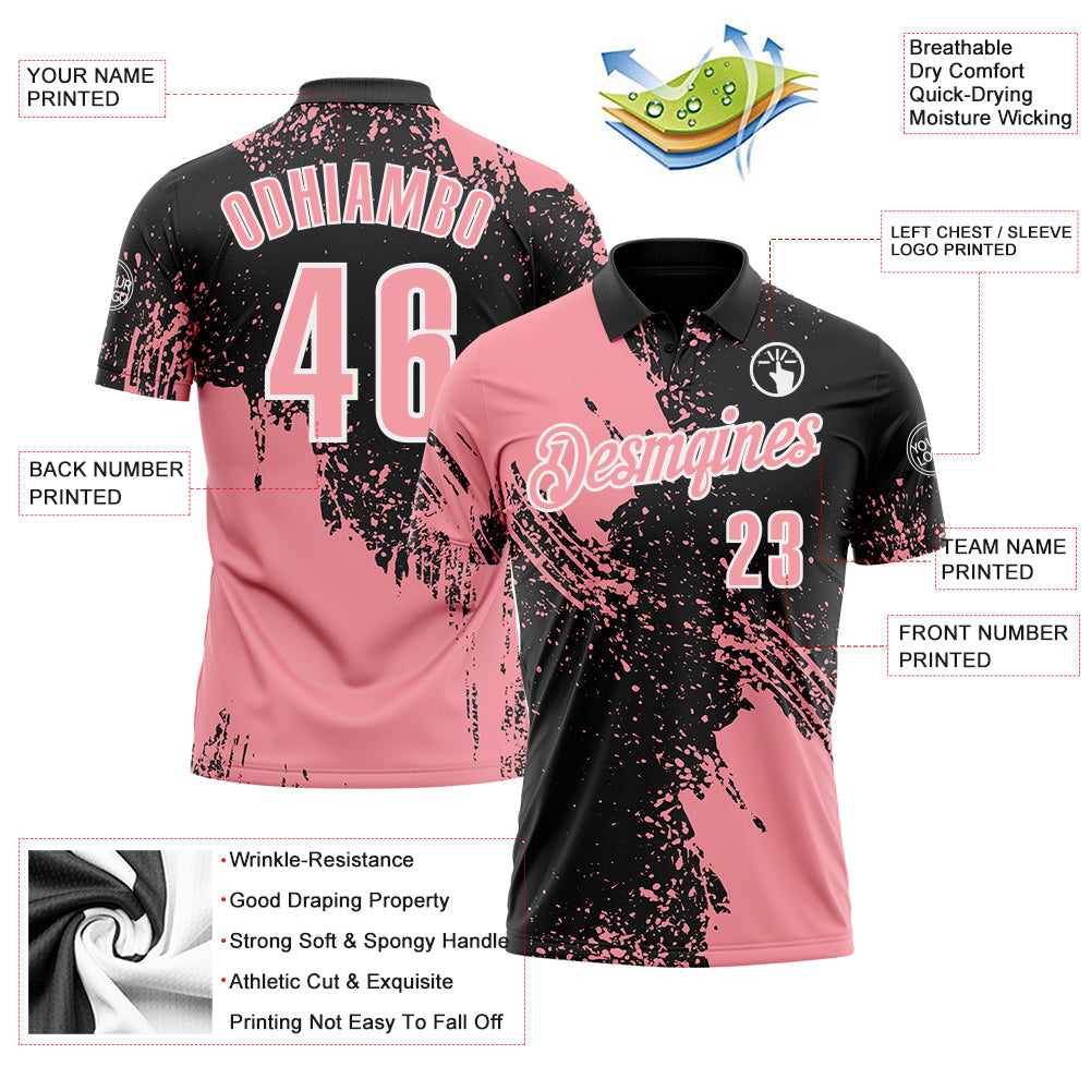 Custom Medium Pink Black-White 3D Pattern Design Abstract Brush Stroke Performance Polo Shirt view 3
