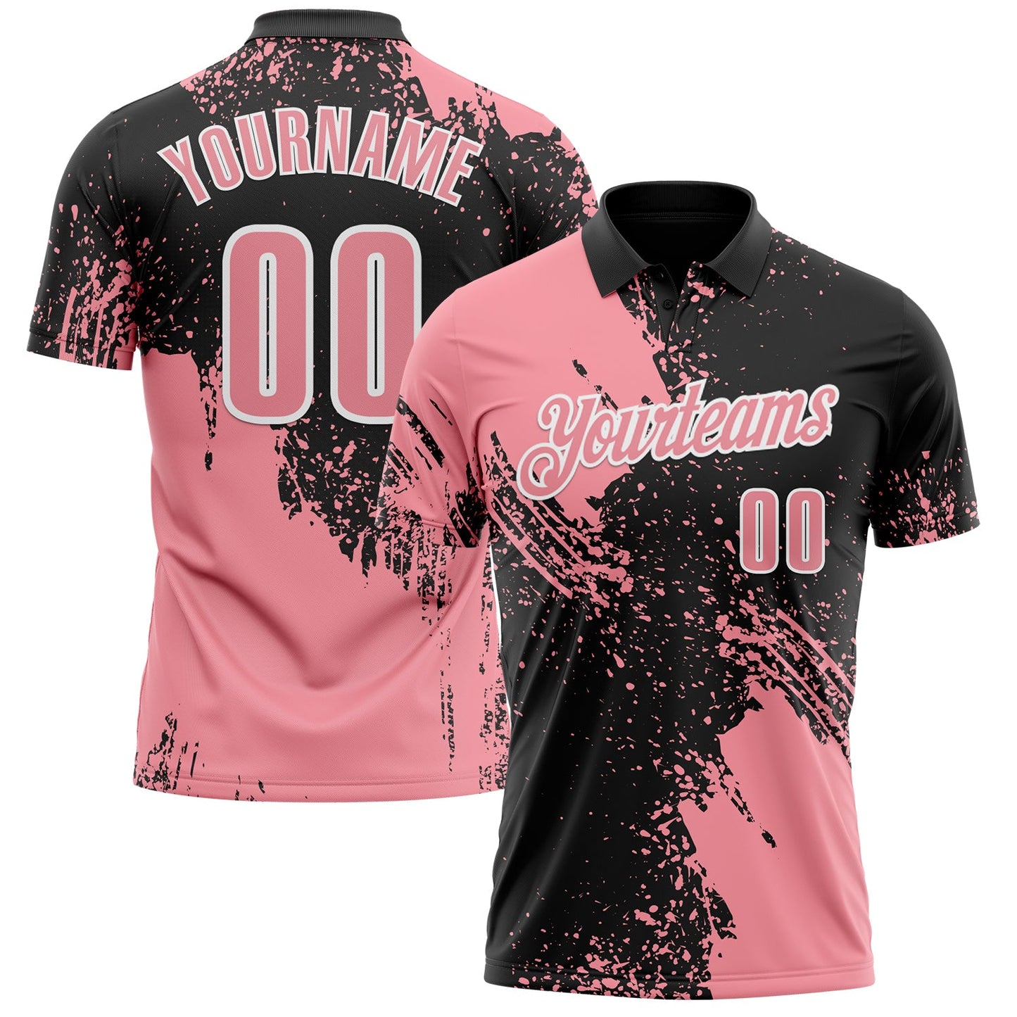 Custom Medium Pink Black-White 3D Pattern Design Abstract Brush Stroke Performance Polo Shirt - Main View