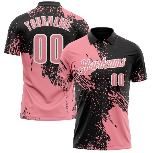 Custom Medium Pink Black-White 3D Pattern Design Abstract Brush Stroke Performance Polo Shirt - Main View