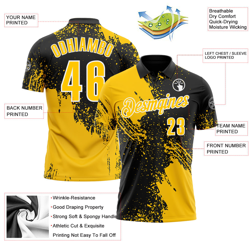Custom Yellow Black-White 3D Pattern Design Abstract Brush Stroke Performance Polo Shirt view 3