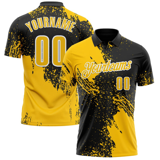 Custom Yellow Black-White 3D Pattern Design Abstract Brush Stroke Performance Polo Shirt - Main View
