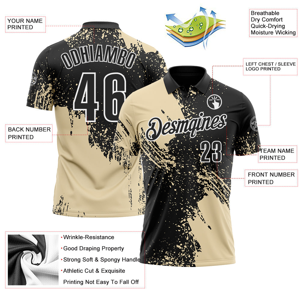 Custom Cream Black-White 3D Pattern Design Abstract Brush Stroke Performance Polo Shirt view 3