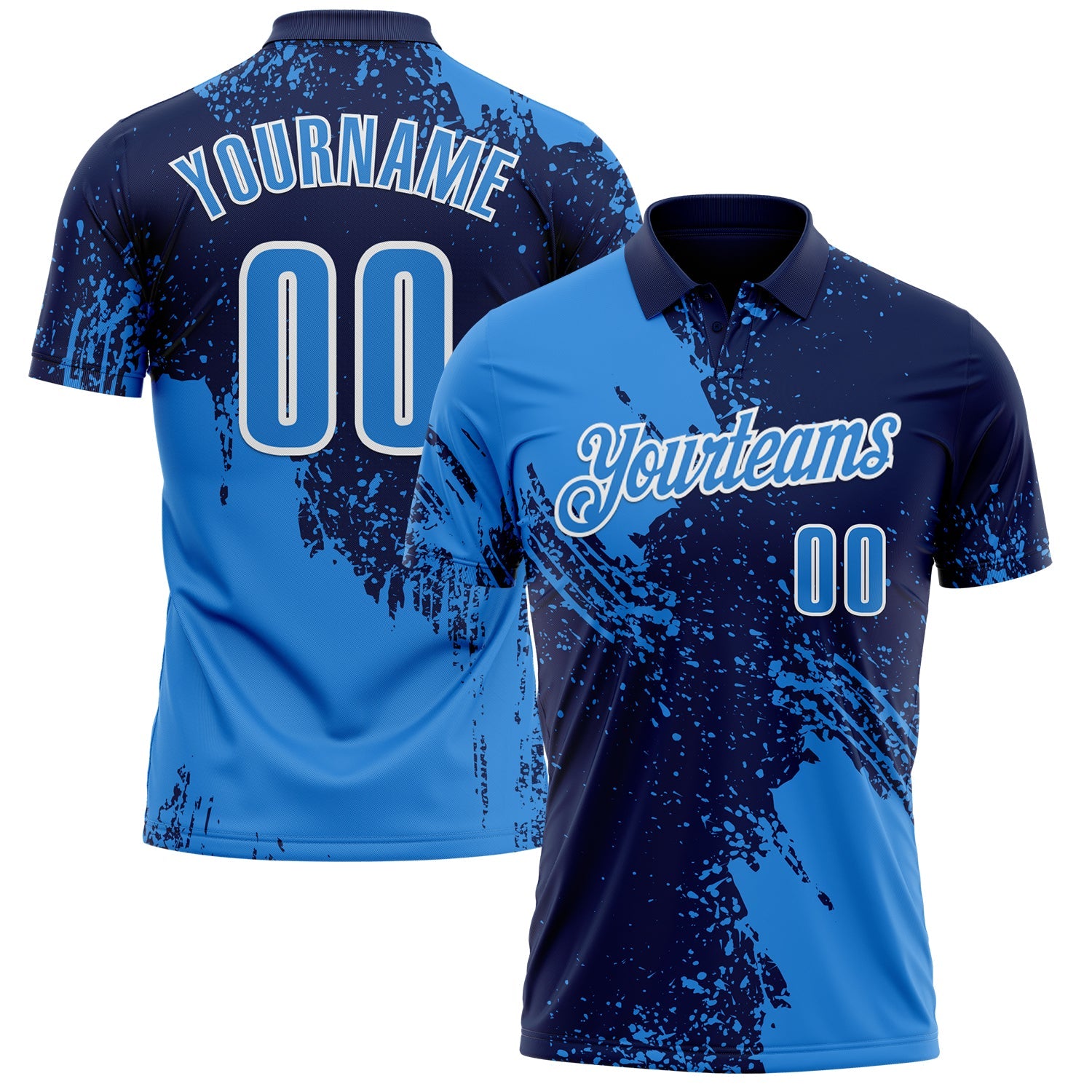 Custom Powder Blue Navy-White 3D Pattern Design Abstract Brush Stroke Performance Polo Shirt - Main View