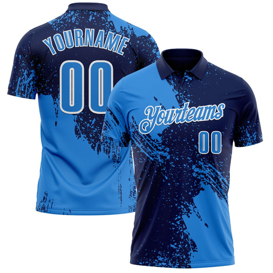 Custom Powder Blue Navy-White 3D Pattern Design Abstract Brush Stroke Performance Polo Shirt - Main View