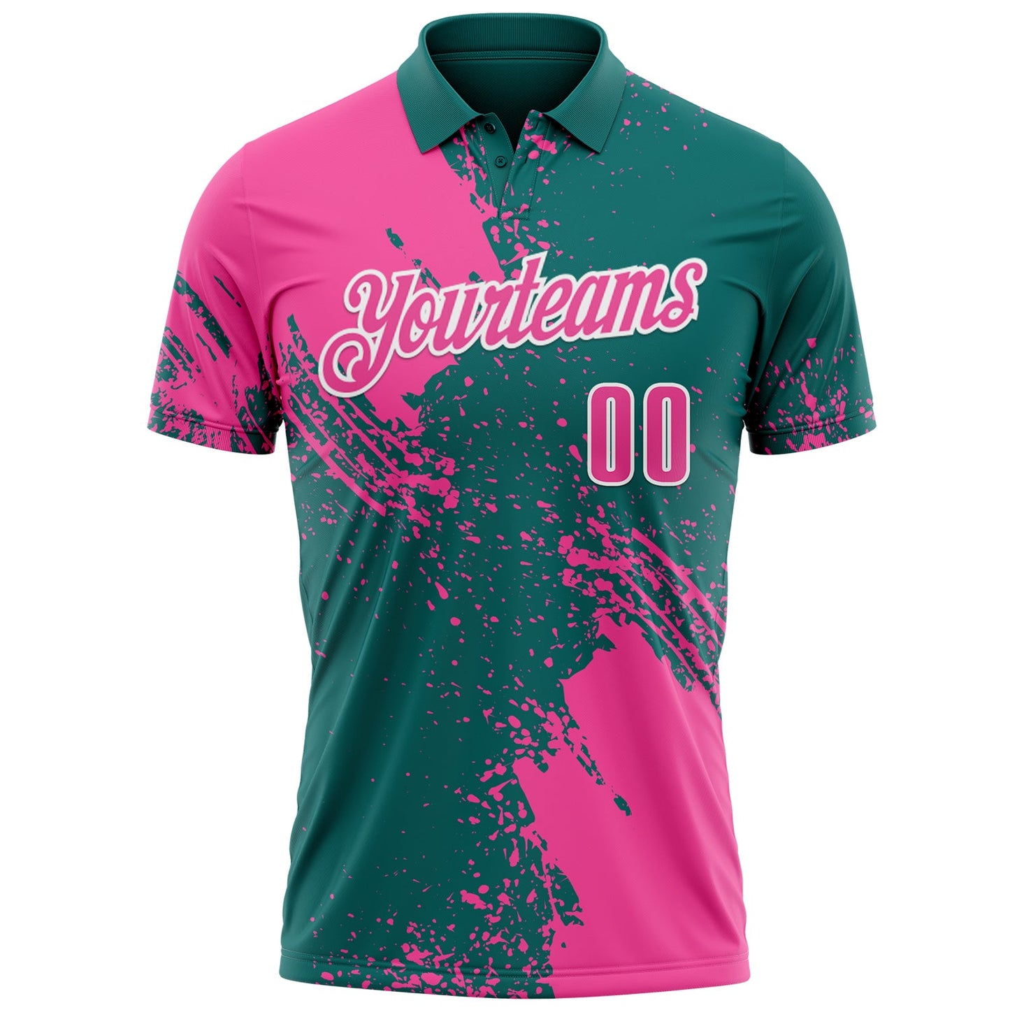 Custom Pink Teal-White 3D Pattern Design Abstract Brush Stroke Performance Polo Shirt view 2