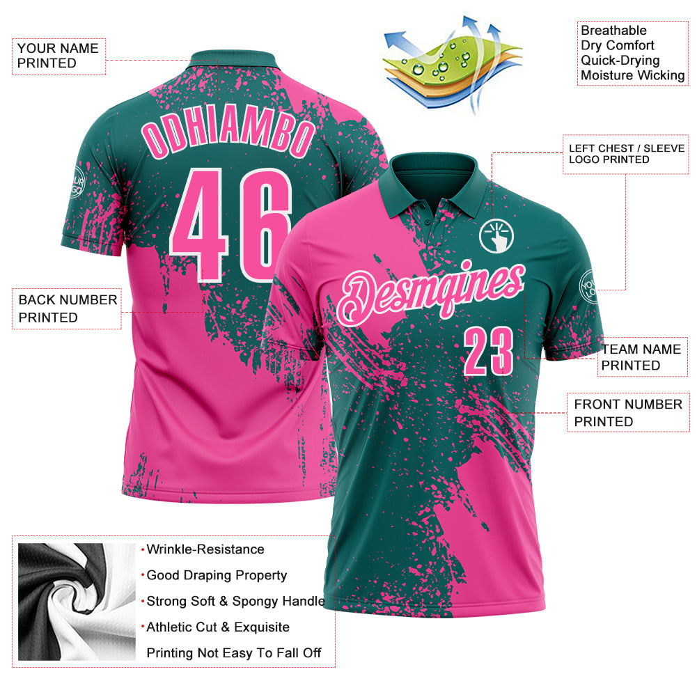 Custom Pink Teal-White 3D Pattern Design Abstract Brush Stroke Performance Polo Shirt view 3