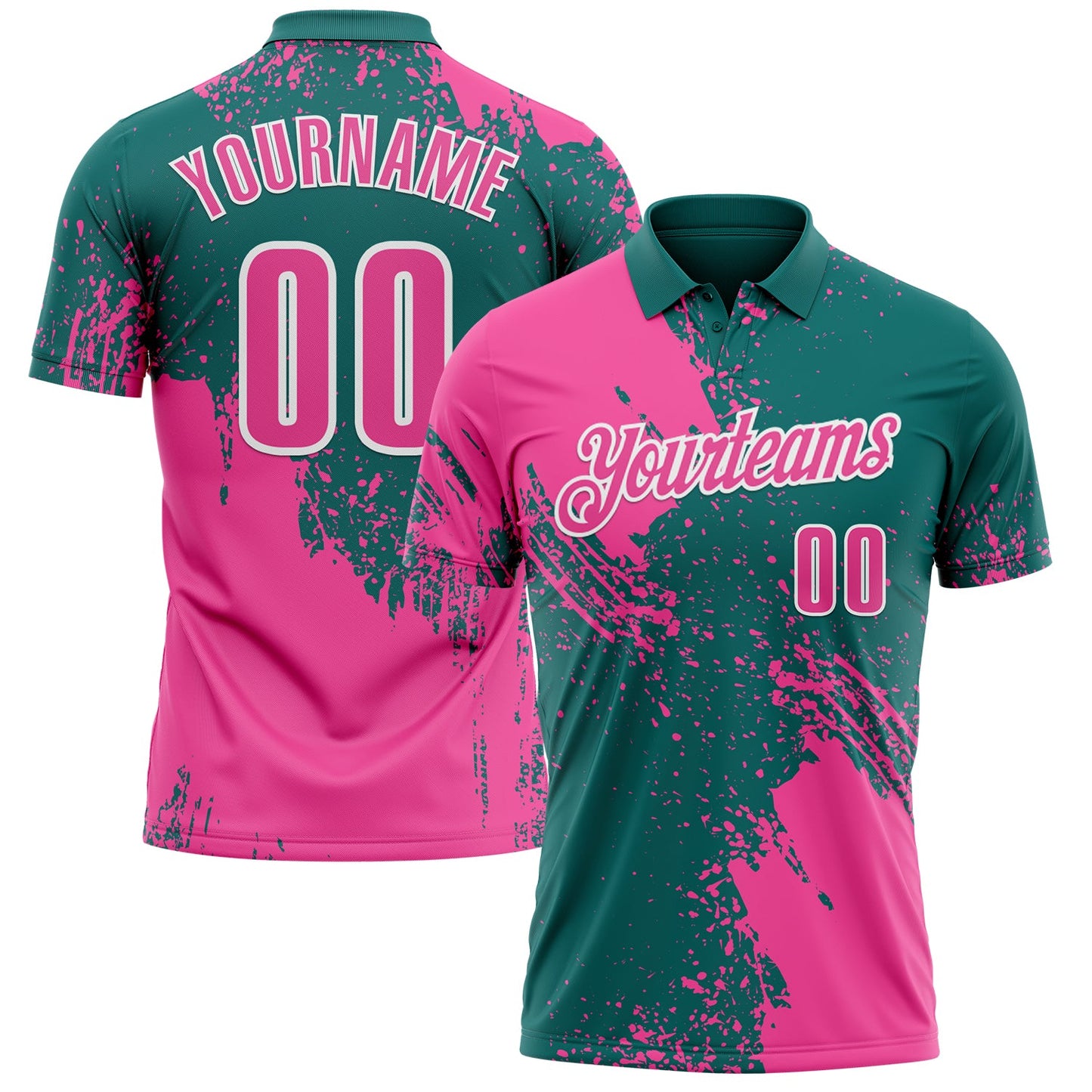 Custom Pink Teal-White 3D Pattern Design Abstract Brush Stroke Performance Polo Shirt - Main View