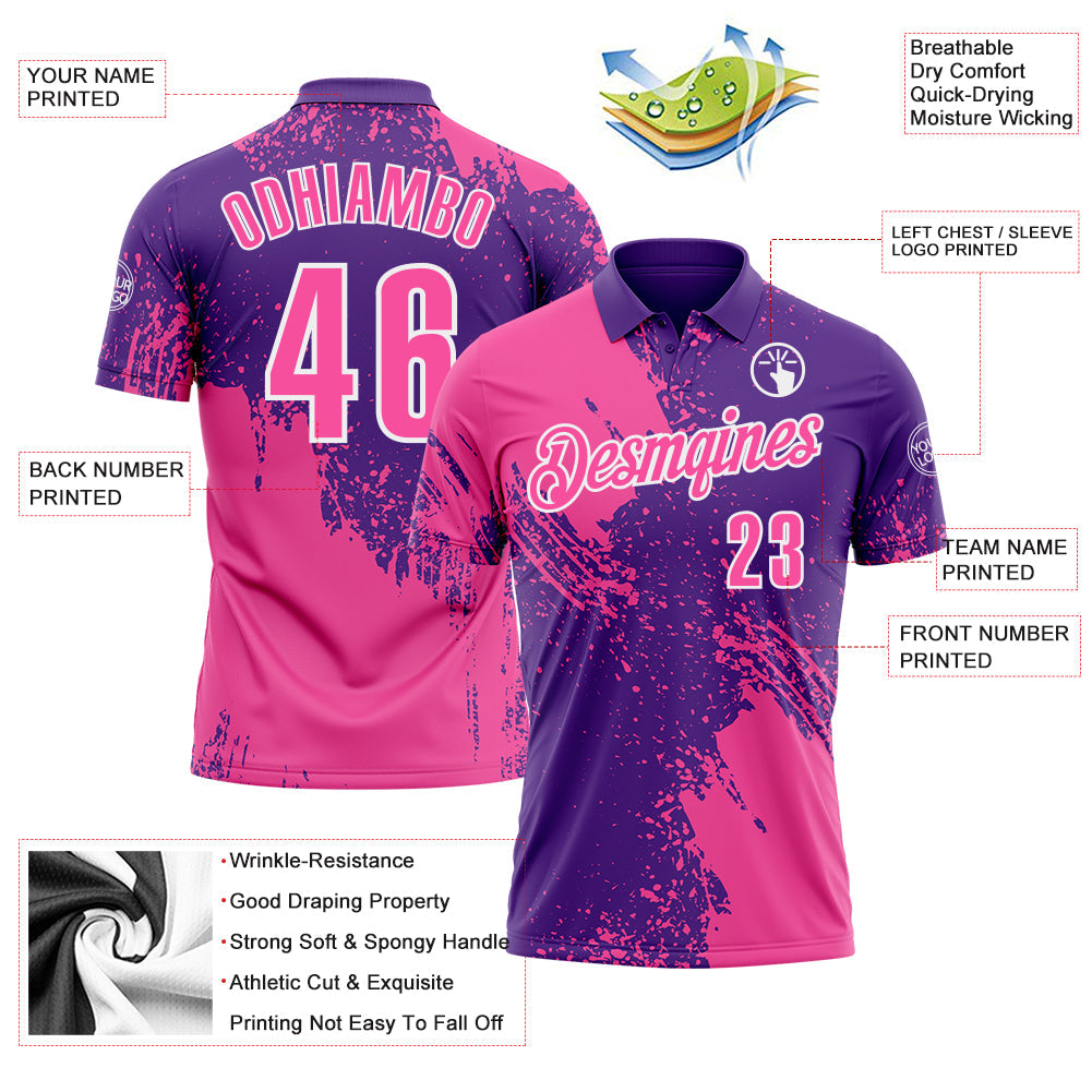 Custom Pink Purple-White 3D Pattern Design Abstract Brush Stroke Performance Polo Shirt view 3