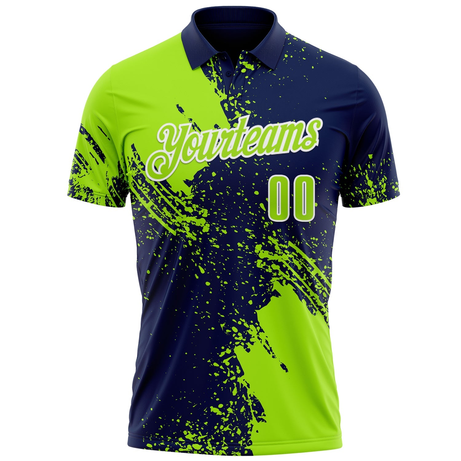 Custom Neon Green Navy-White 3D Pattern Design Abstract Brush Stroke Performance Polo Shirt view 2