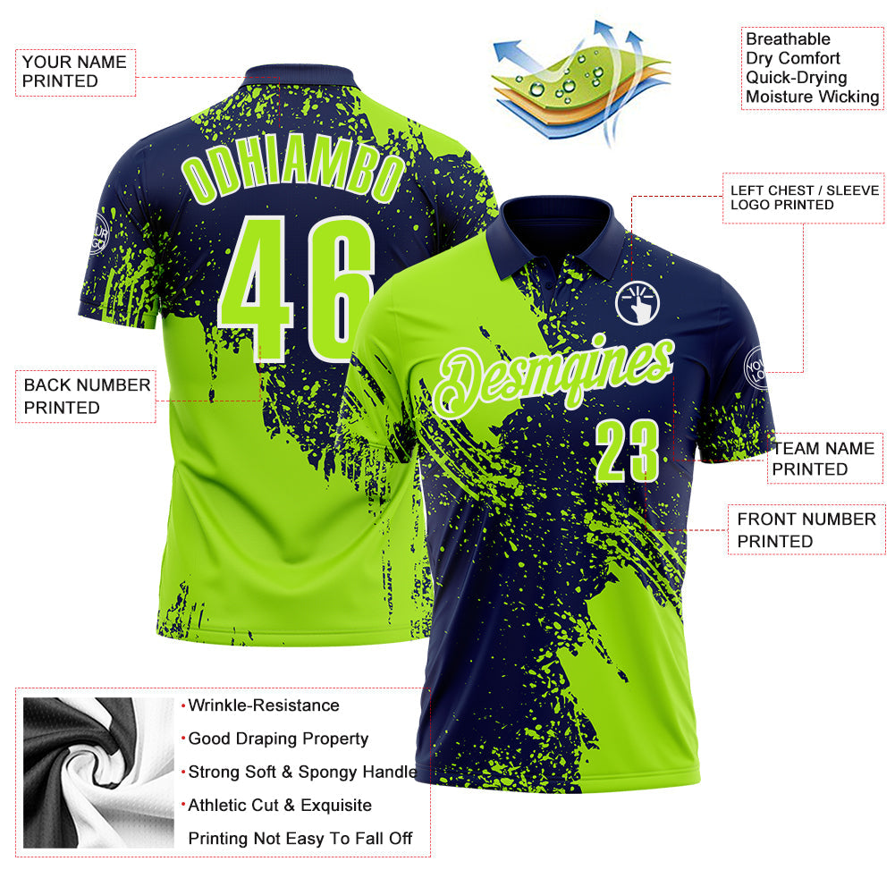 Custom Neon Green Navy-White 3D Pattern Design Abstract Brush Stroke Performance Polo Shirt view 3