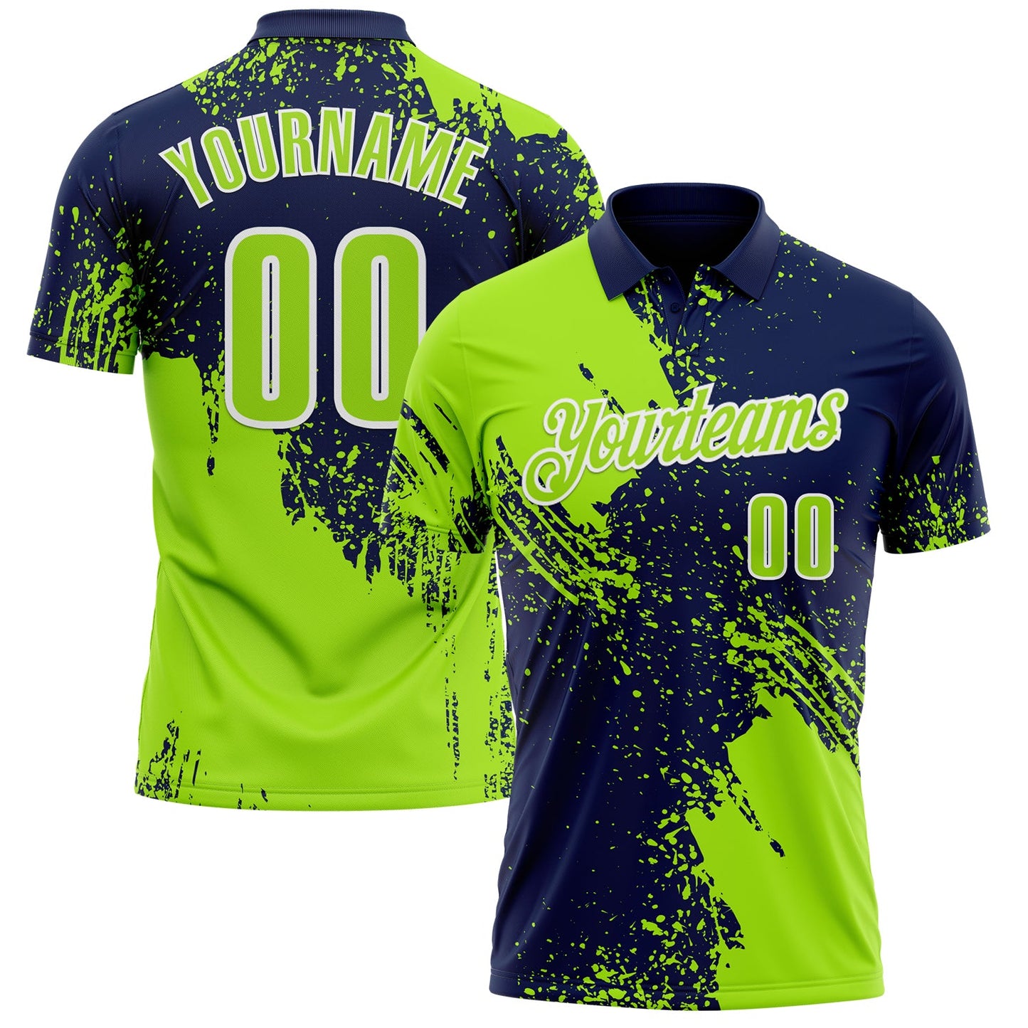 Custom Neon Green Navy-White 3D Pattern Design Abstract Brush Stroke Performance Polo Shirt - Main View