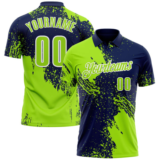 Custom Neon Green Navy-White 3D Pattern Design Abstract Brush Stroke Performance Polo Shirt - Main View