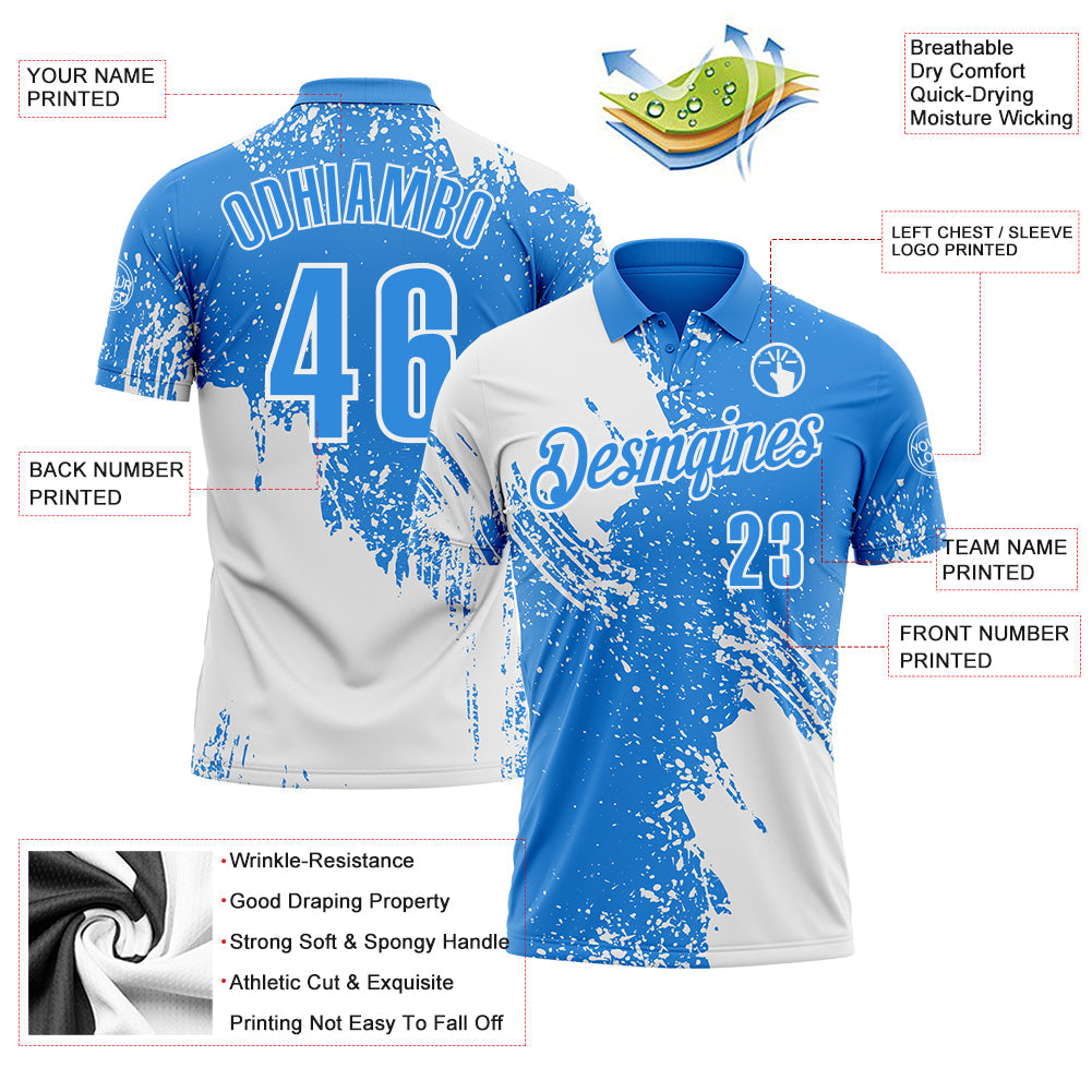 Custom White Powder Blue 3D Pattern Design Abstract Brush Stroke Performance Polo Shirt view 3