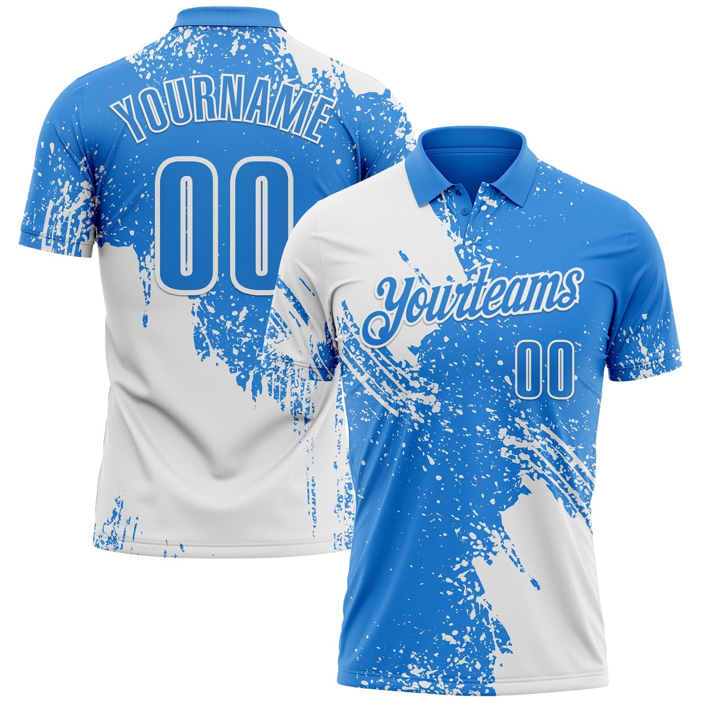 Custom White Powder Blue 3D Pattern Design Abstract Brush Stroke Performance Polo Shirt - Main View