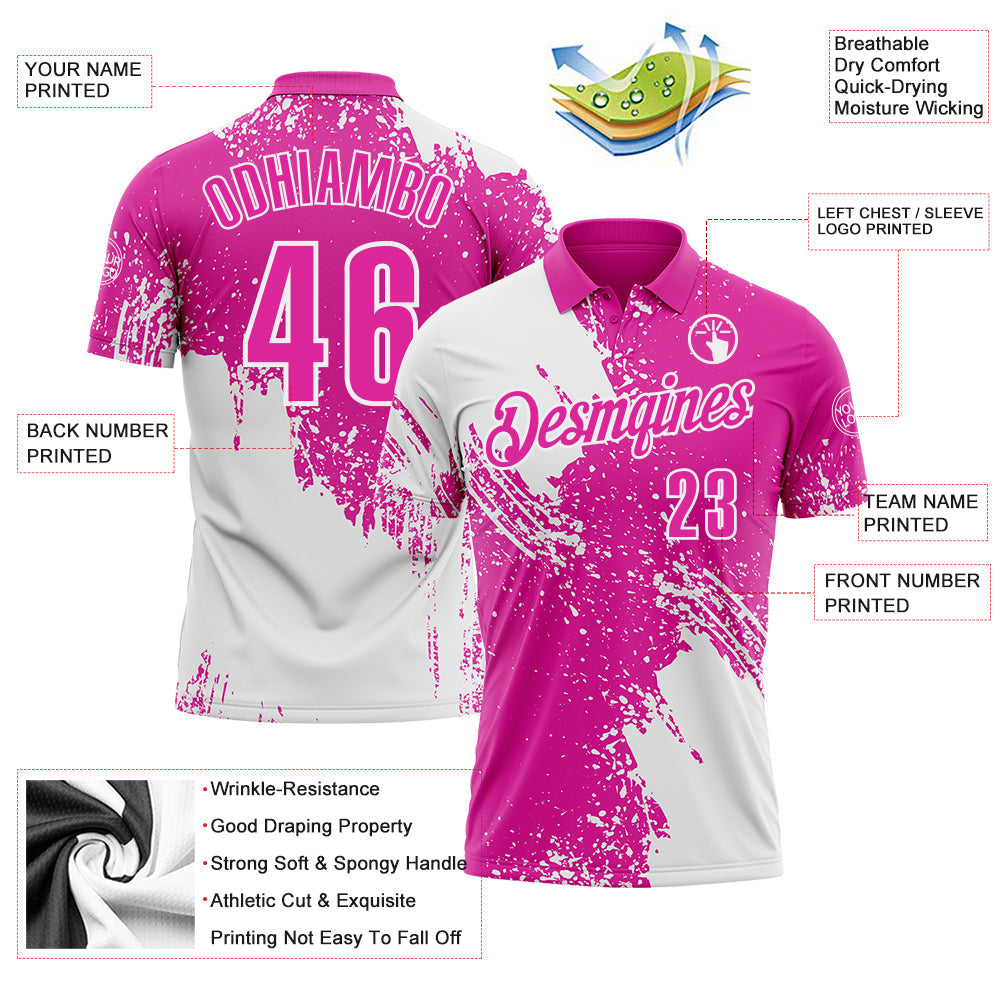 Custom White Deep Pink 3D Pattern Design Abstract Brush Stroke Performance Polo Shirt view 3