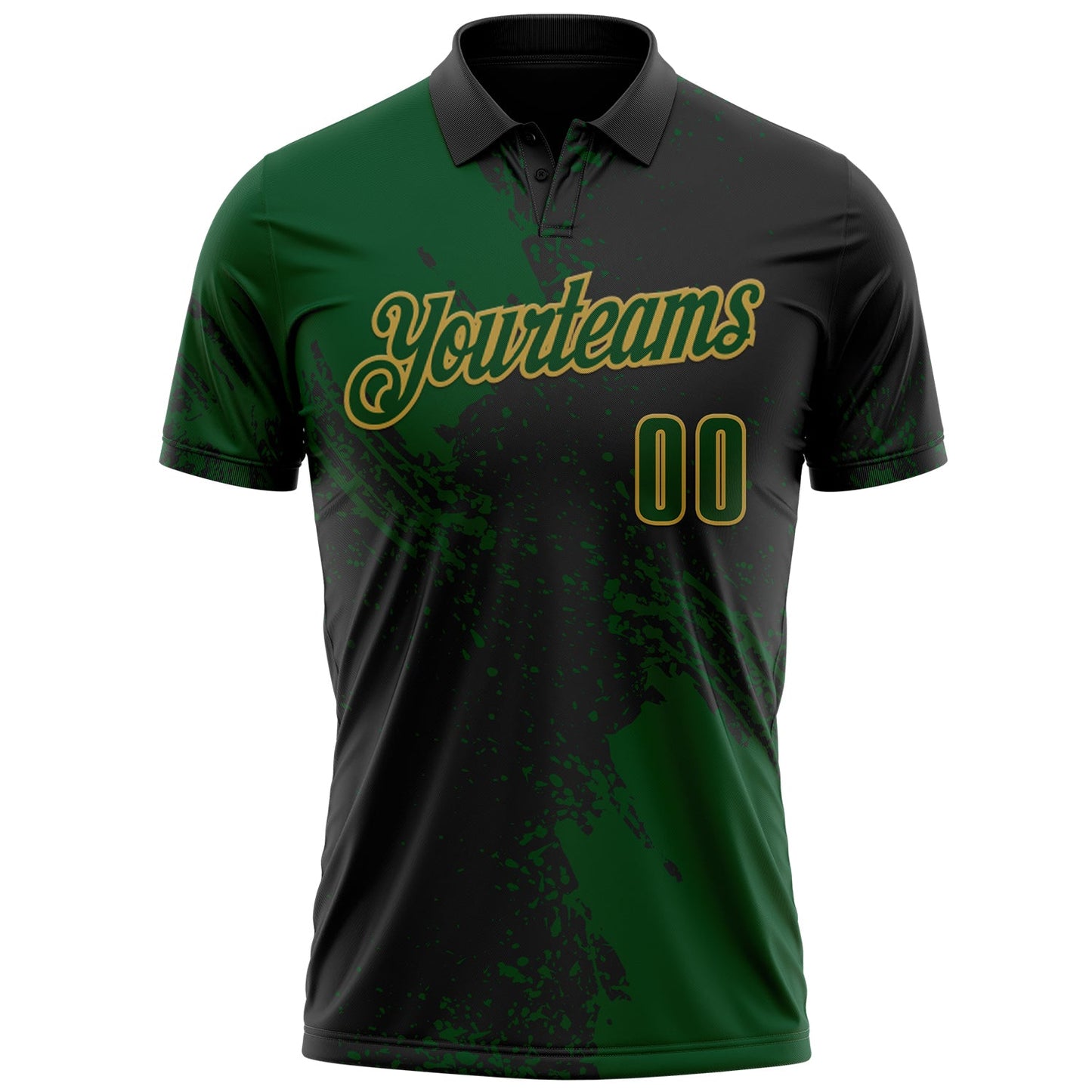 Custom Green Black-Old Gold 3D Pattern Design Abstract Brush Stroke Performance Polo Shirt view 2