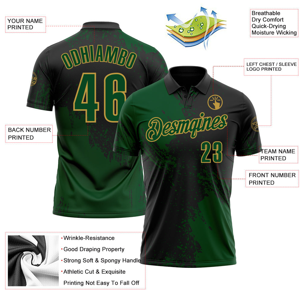 Custom Green Black-Old Gold 3D Pattern Design Abstract Brush Stroke Performance Polo Shirt view 3