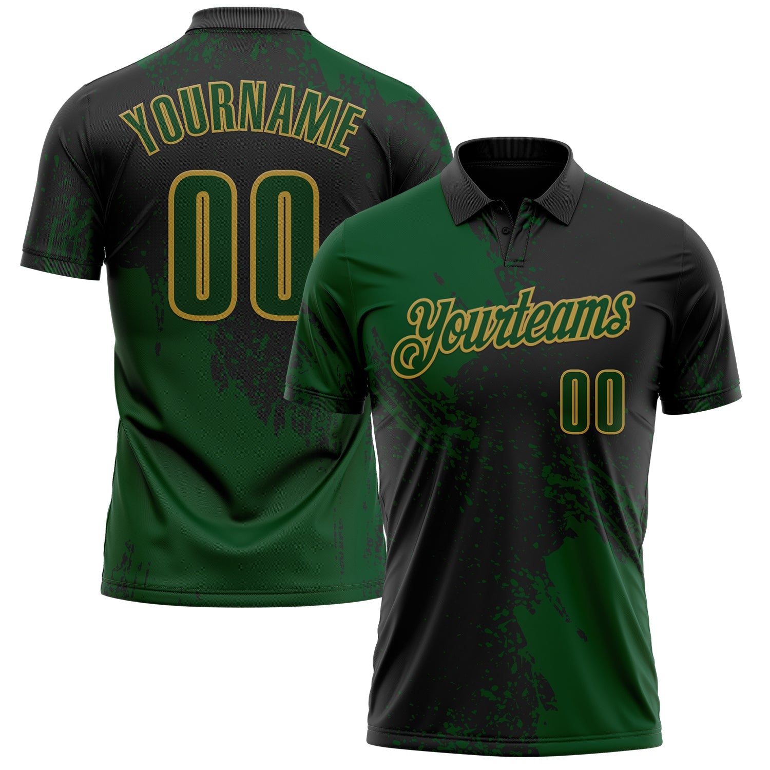 Custom Green Black-Old Gold 3D Pattern Design Abstract Brush Stroke Performance Polo Shirt - Main View