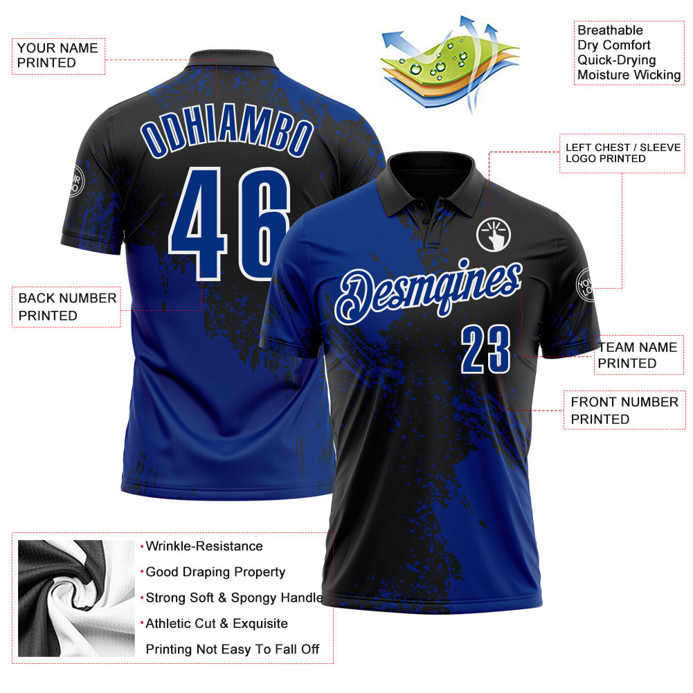 Custom Royal Black-White 3D Pattern Design Abstract Brush Stroke Performance Polo Shirt view 3