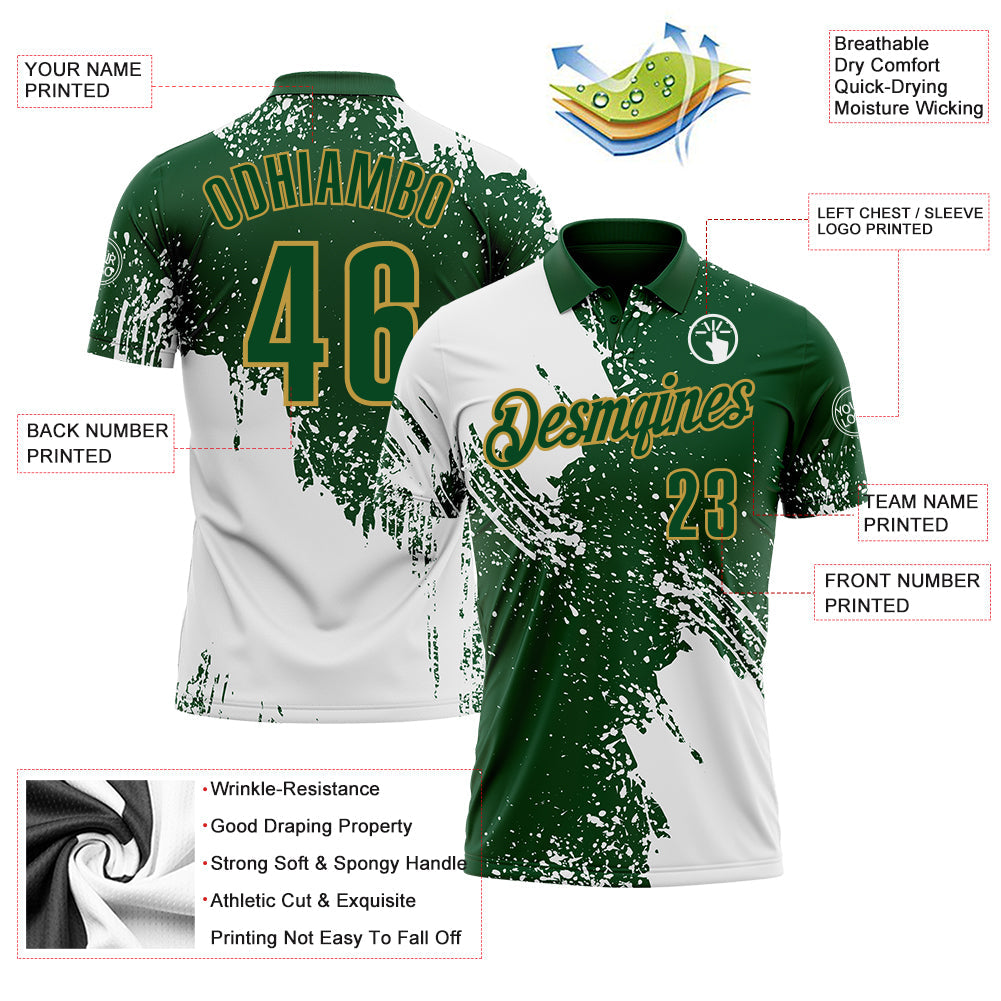 Custom White Green-Old Gold 3D Pattern Design Abstract Brush Stroke Performance Polo Shirt view 3