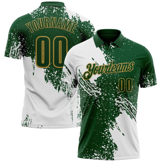 Custom White Green-Old Gold 3D Pattern Design Abstract Brush Stroke Performance Polo Shirt - Main View