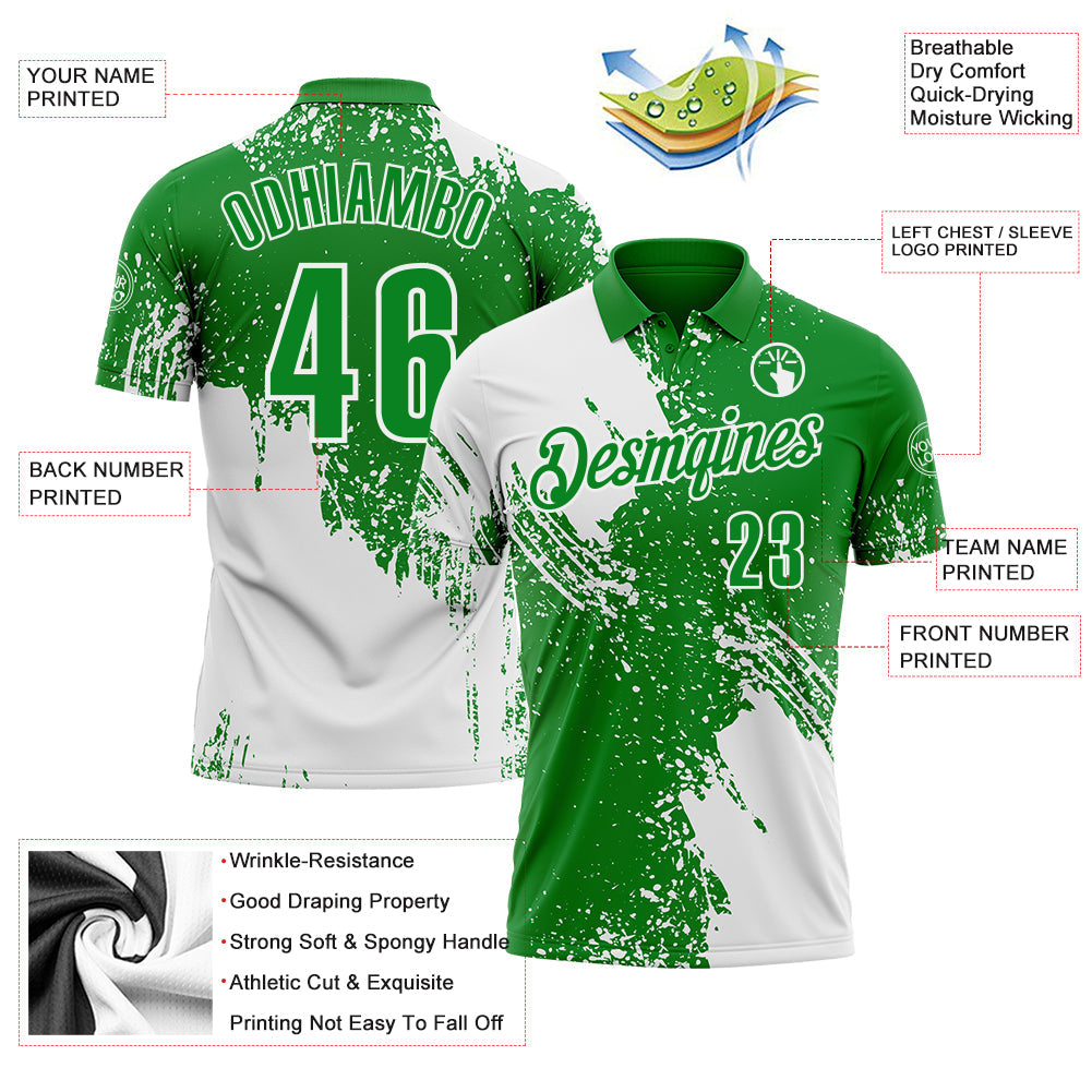 Custom White Grass Green 3D Pattern Design Abstract Brush Stroke Performance Polo Shirt view 3
