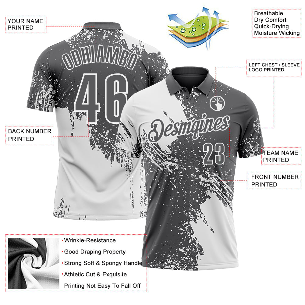 Custom White Steel Gray 3D Pattern Design Abstract Brush Stroke Performance Polo Shirt view 3