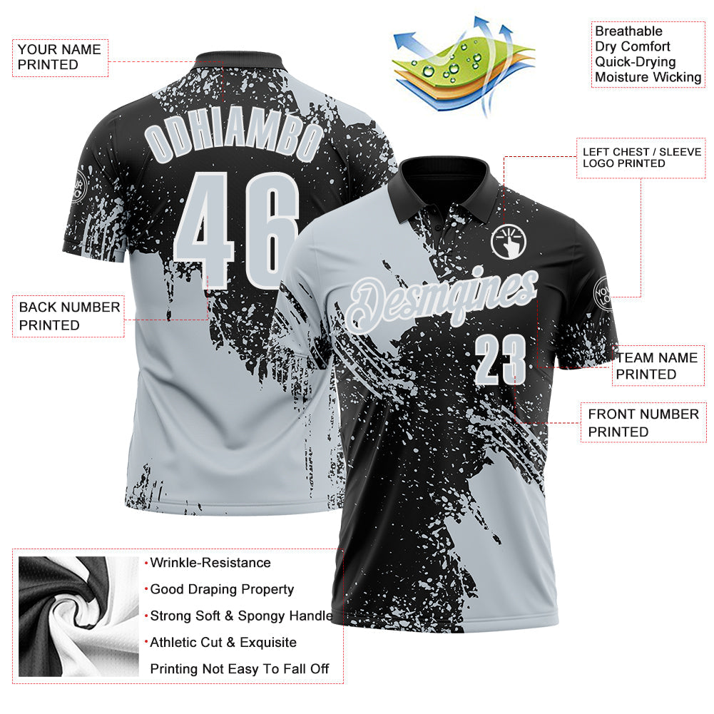 Custom Silver Black-White 3D Pattern Design Abstract Brush Stroke Performance Polo Shirt view 3