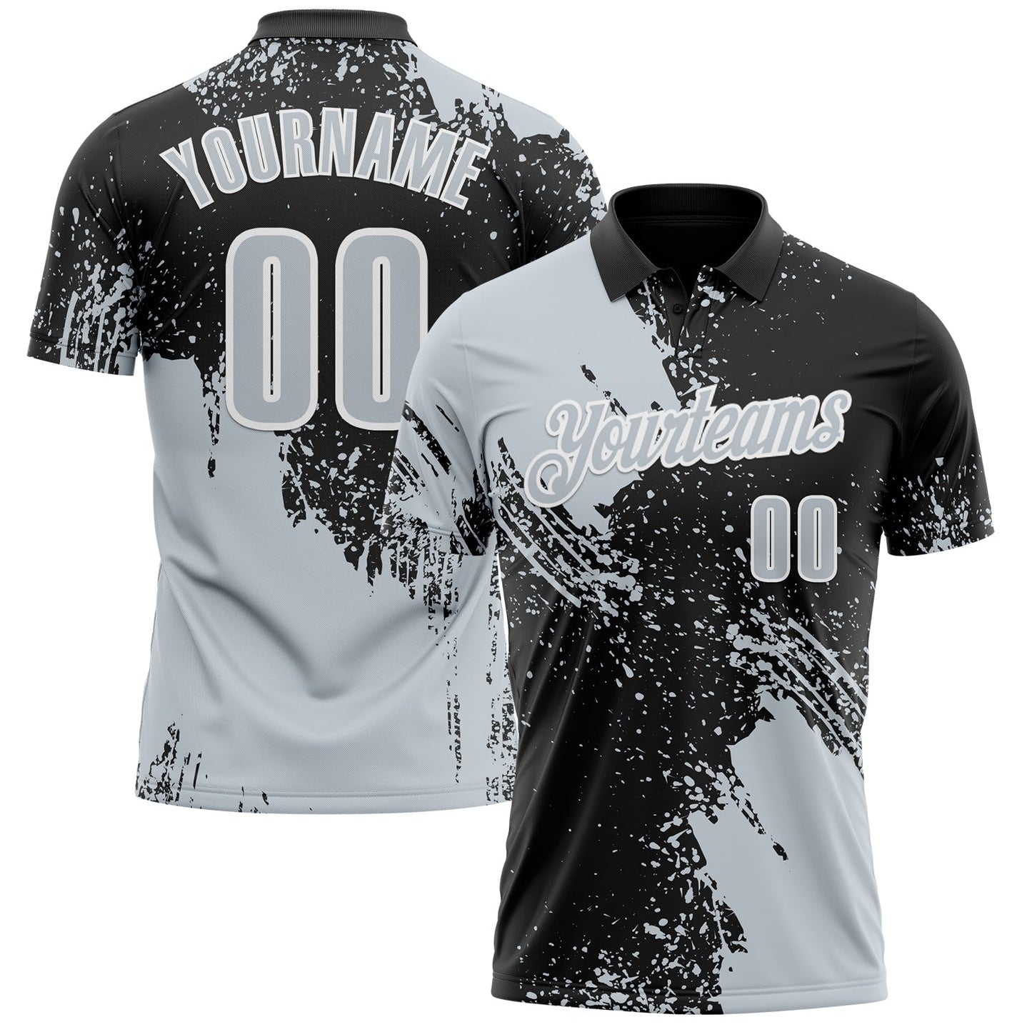 Custom Silver Black-White 3D Pattern Design Abstract Brush Stroke Performance Polo Shirt - Main View