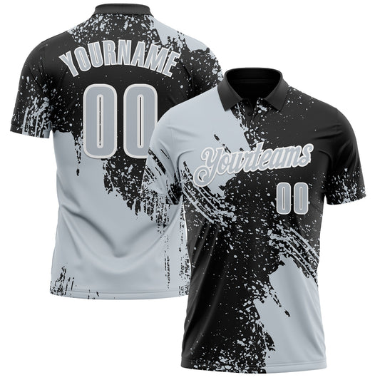 Custom Silver Black-White 3D Pattern Design Abstract Brush Stroke Performance Polo Shirt - Main View