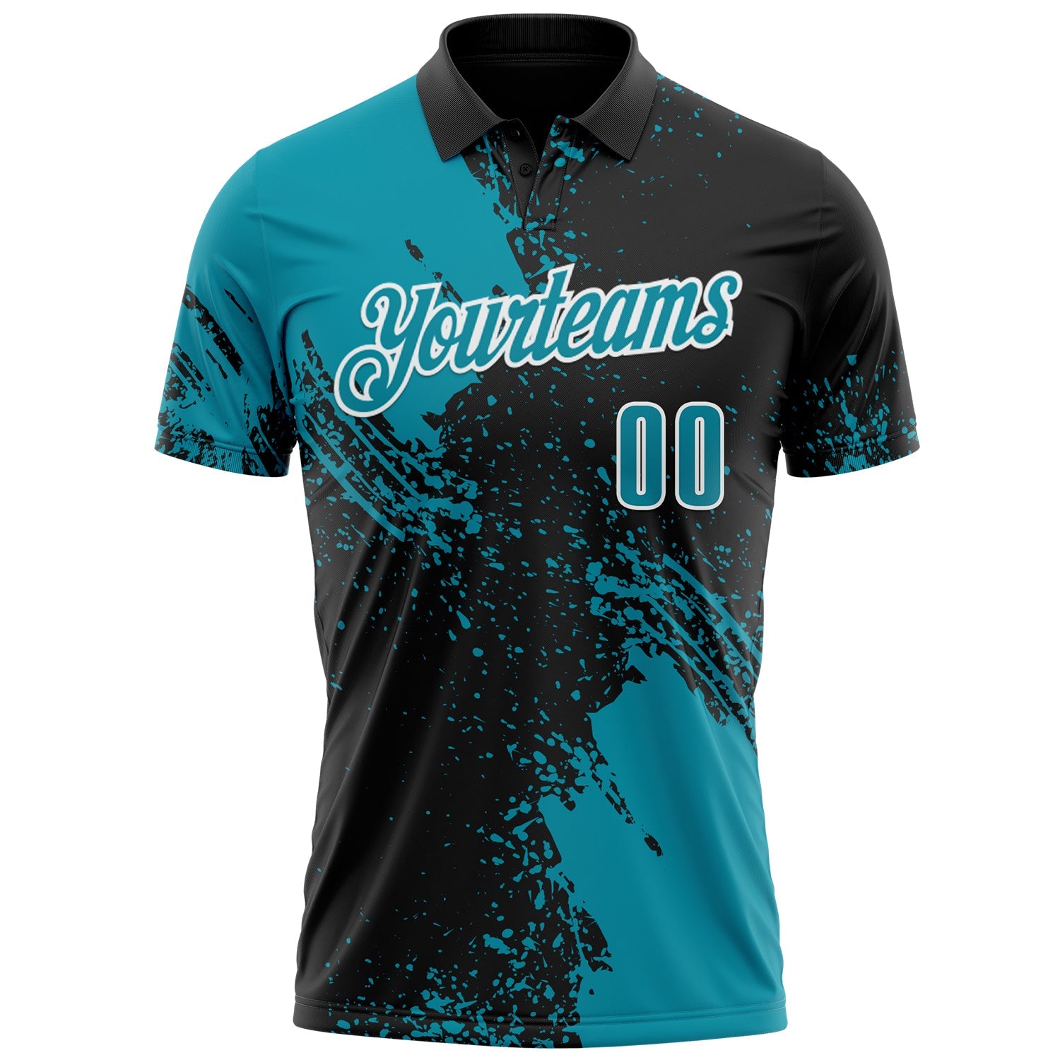 Custom Teal Black-White 3D Pattern Design Abstract Brush Stroke Performance Polo Shirt view 2