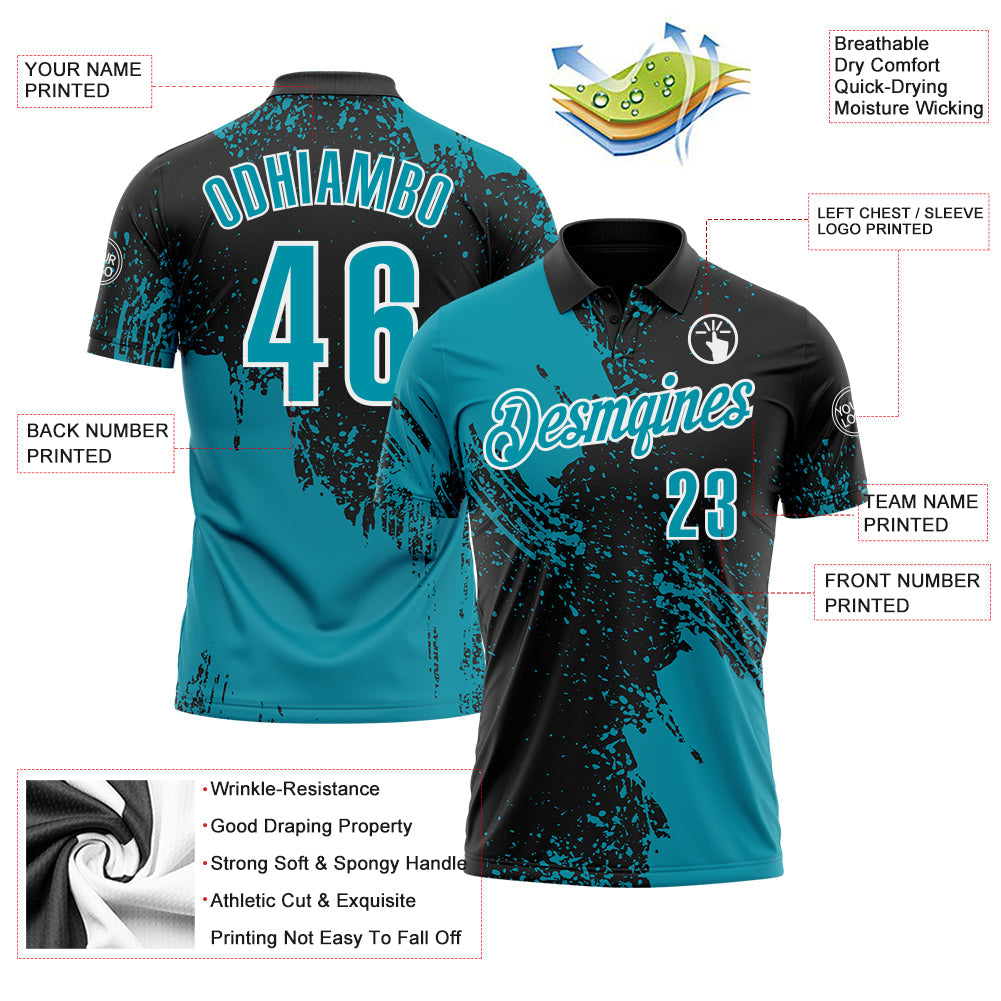 Custom Teal Black-White 3D Pattern Design Abstract Brush Stroke Performance Polo Shirt view 3