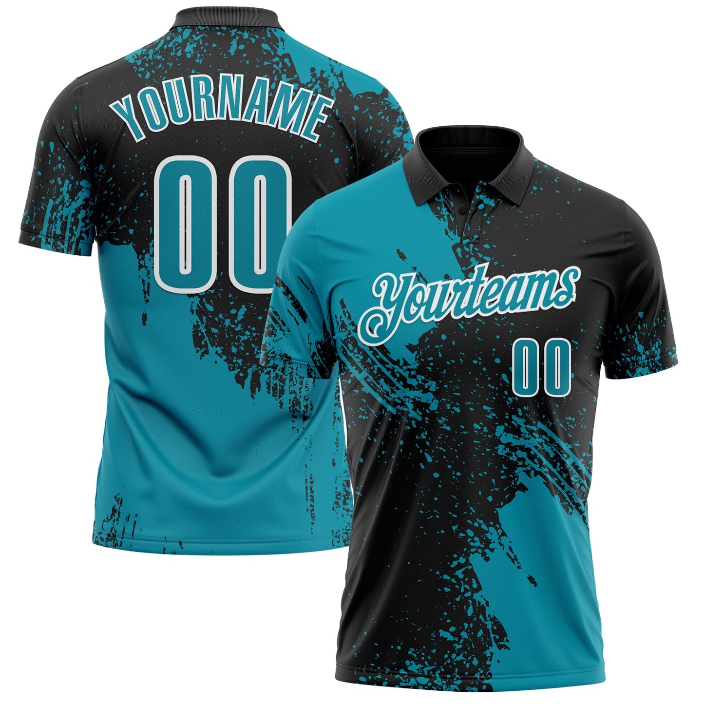 Custom Teal Black-White 3D Pattern Design Abstract Brush Stroke Performance Polo Shirt - Main View