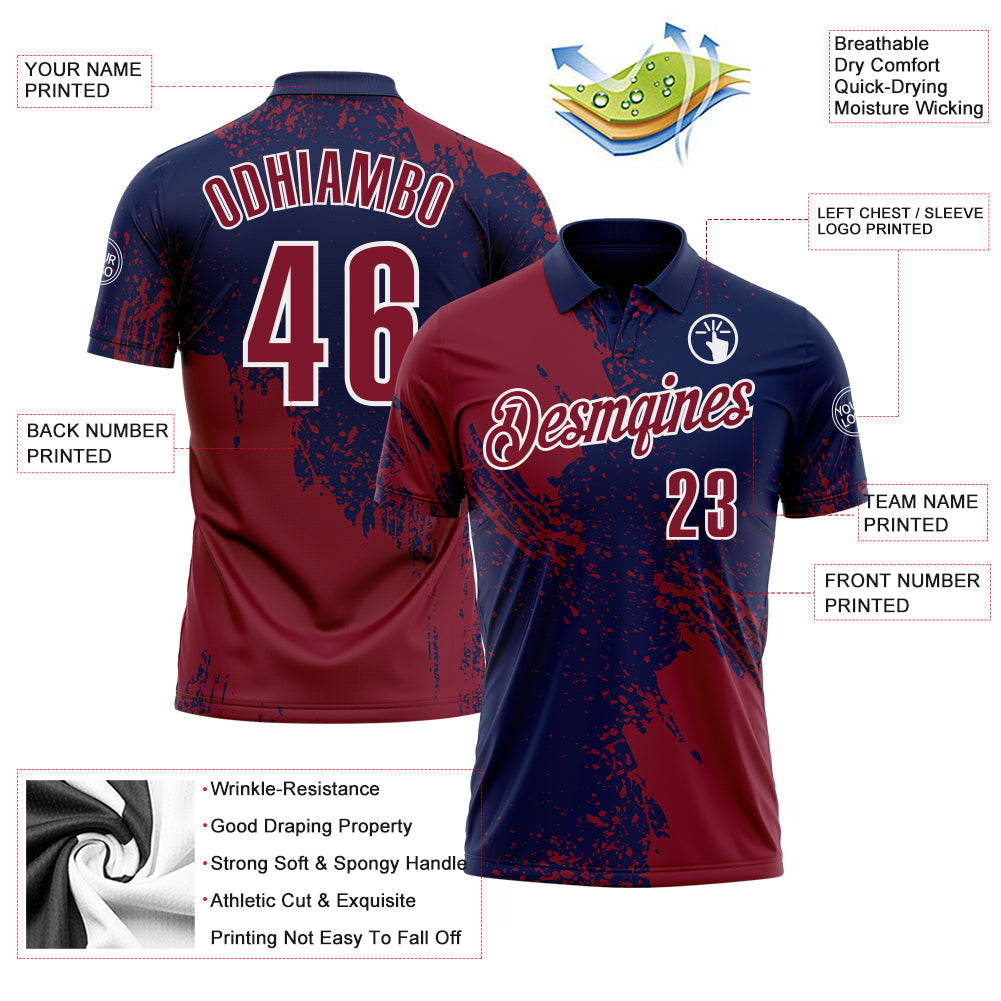 Custom Crimson Navy-White 3D Pattern Design Abstract Brush Stroke Performance Polo Shirt view 3