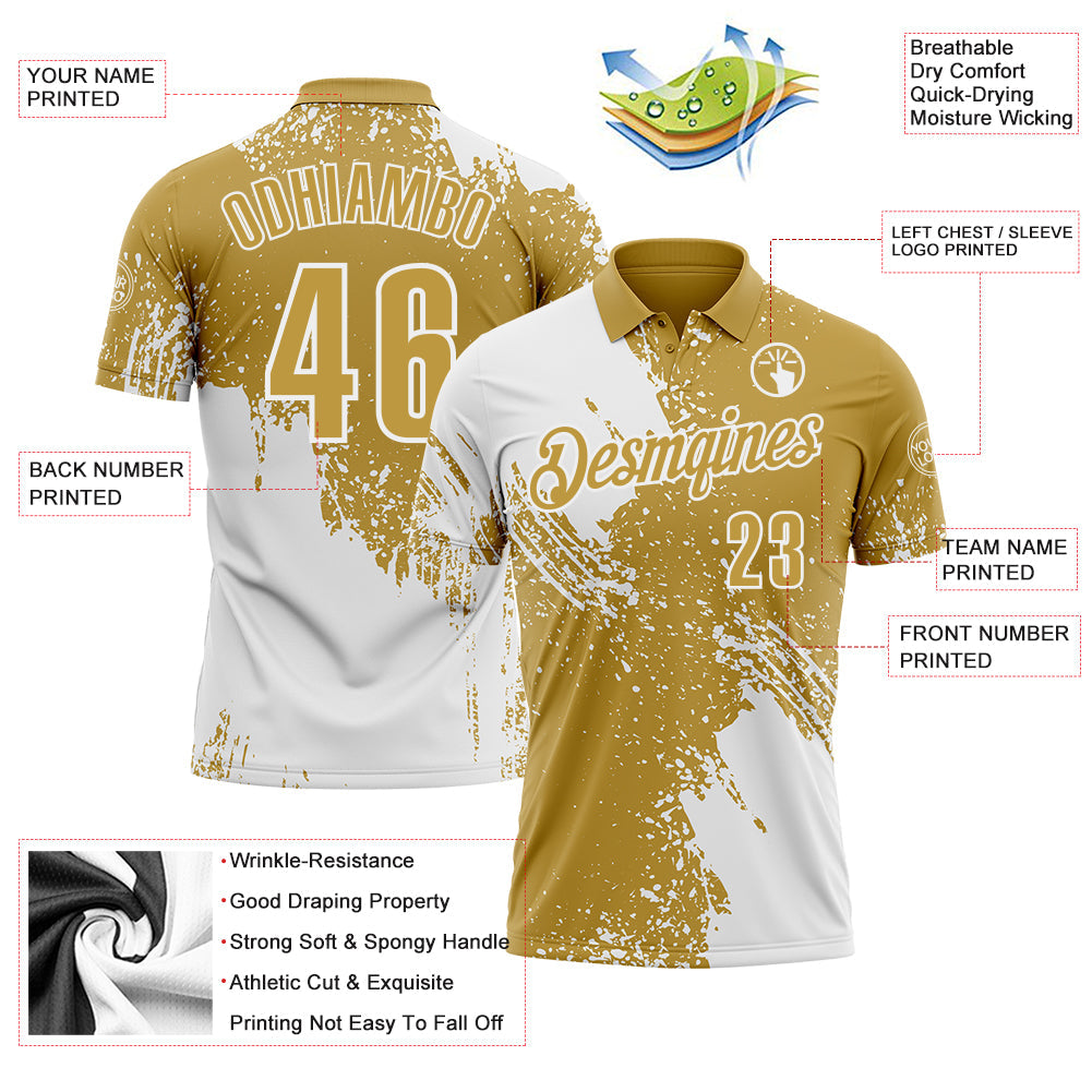Custom White Old Gold 3D Pattern Design Abstract Brush Stroke Performance Polo Shirt view 3