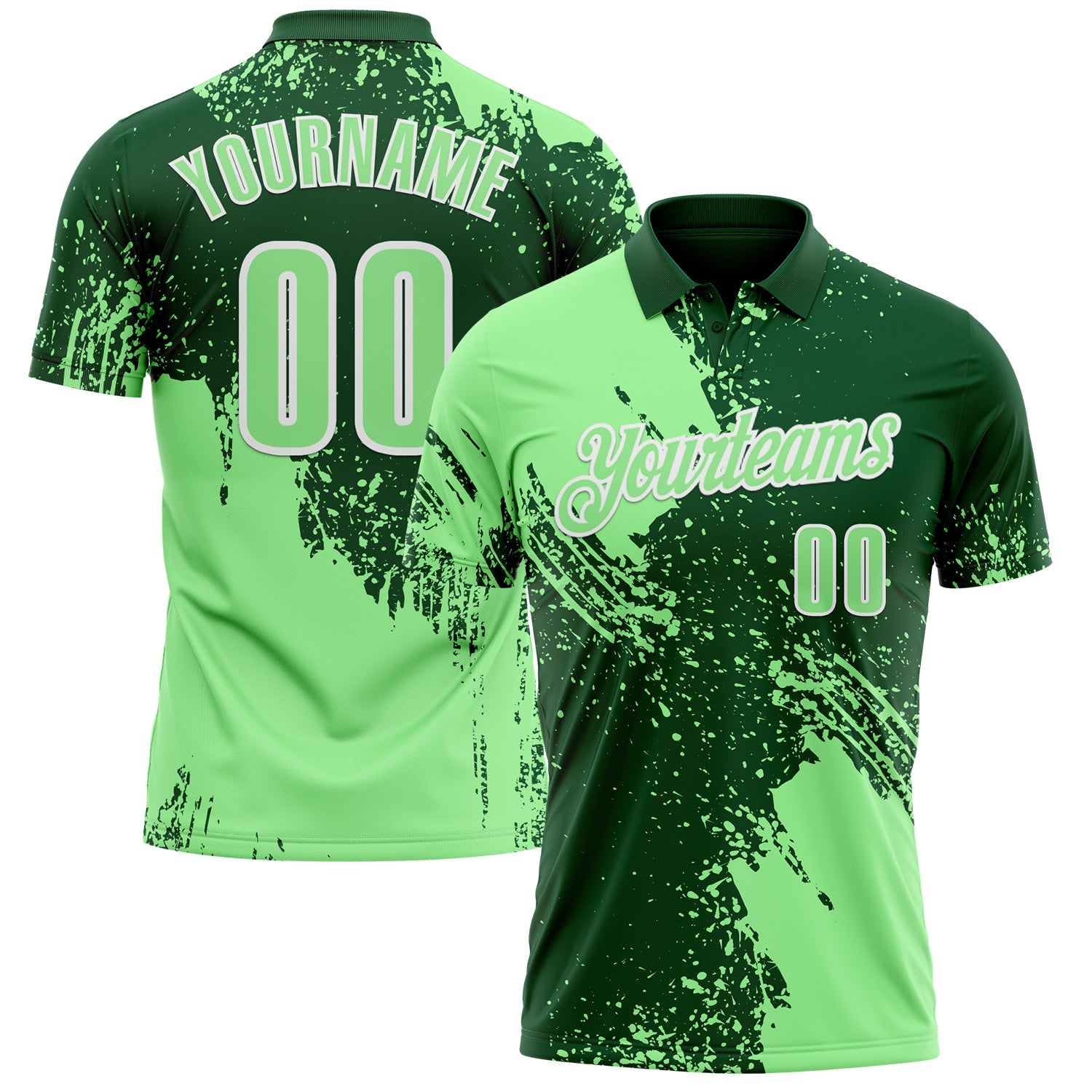 Custom Pea Green Green-White 3D Pattern Design Abstract Brush Stroke Performance Polo Shirt - Main View