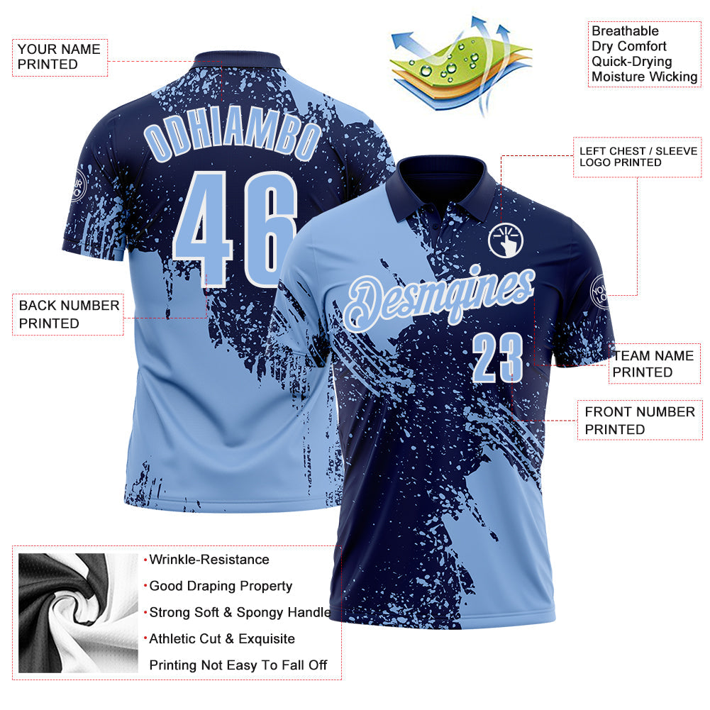Custom Light Blue Navy-White 3D Pattern Design Abstract Brush Stroke Performance Polo Shirt view 3