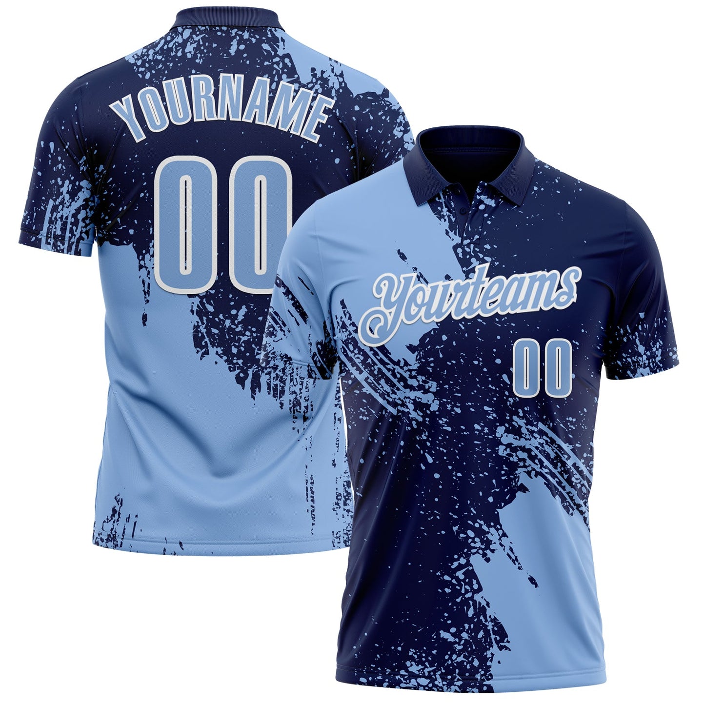 Custom Light Blue Navy-White 3D Pattern Design Abstract Brush Stroke Performance Polo Shirt - Main View