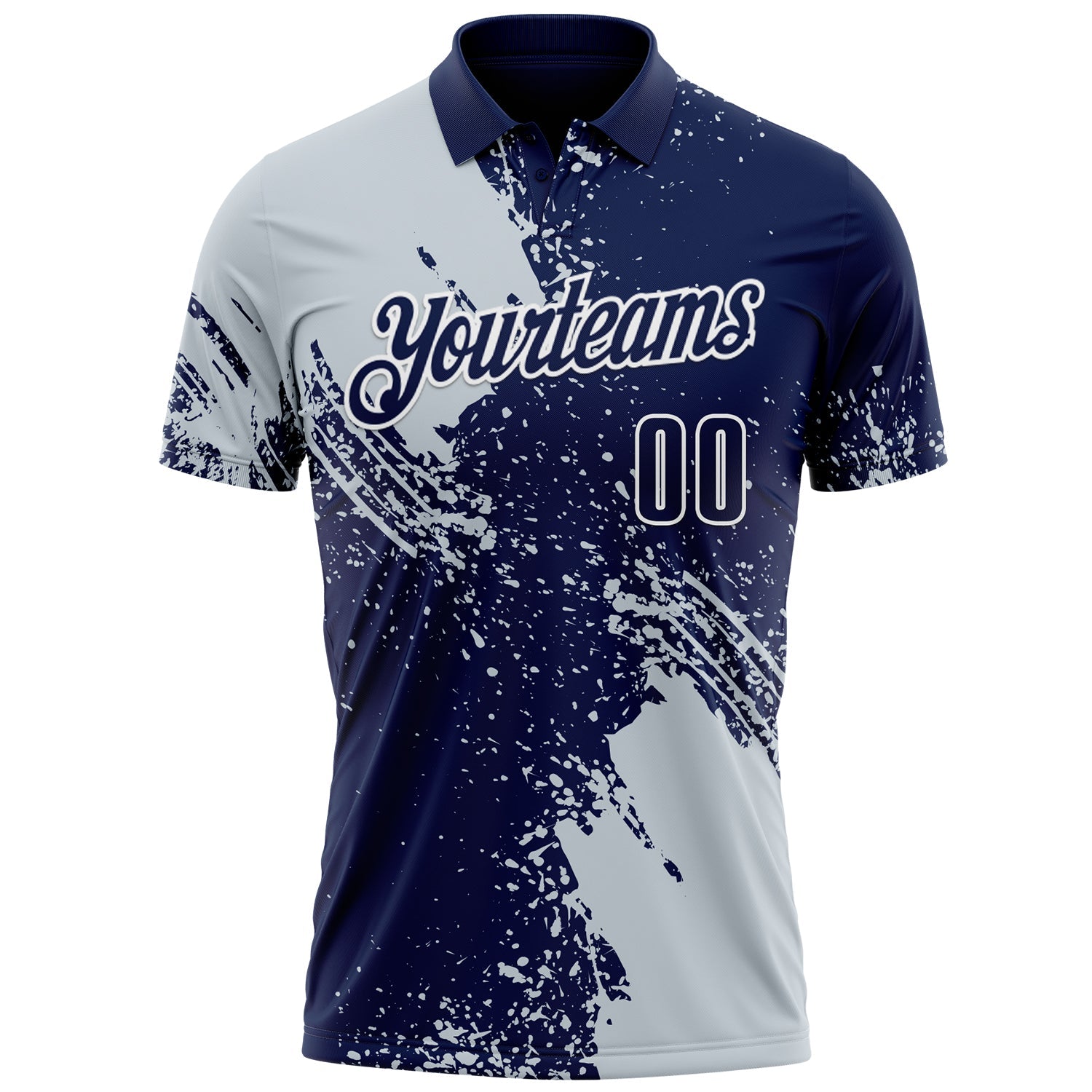 Custom Silver Navy-White 3D Pattern Design Abstract Brush Stroke Performance Polo Shirt view 2