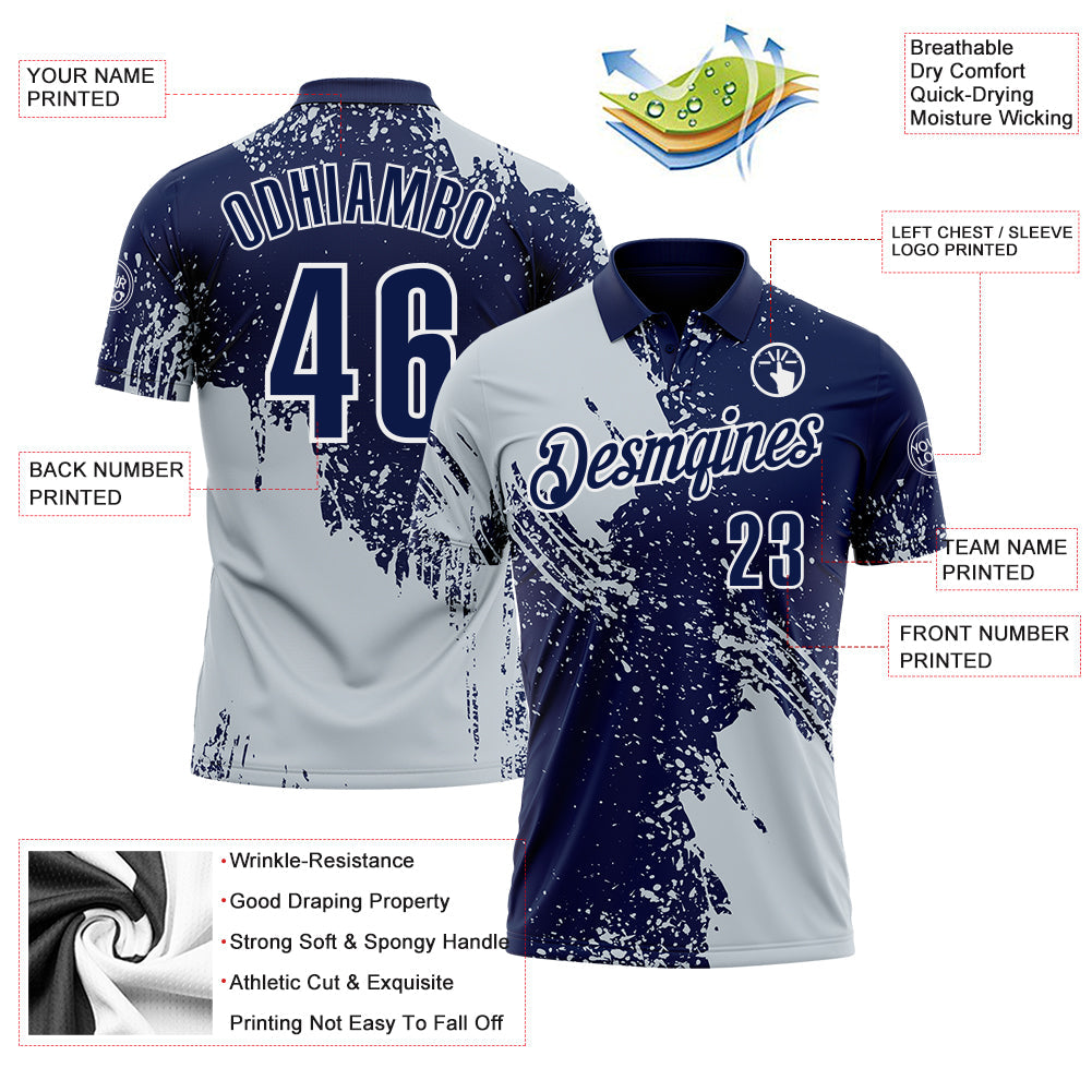 Custom Silver Navy-White 3D Pattern Design Abstract Brush Stroke Performance Polo Shirt view 3
