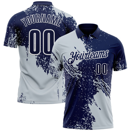 Custom Silver Navy-White 3D Pattern Design Abstract Brush Stroke Performance Polo Shirt - Main View
