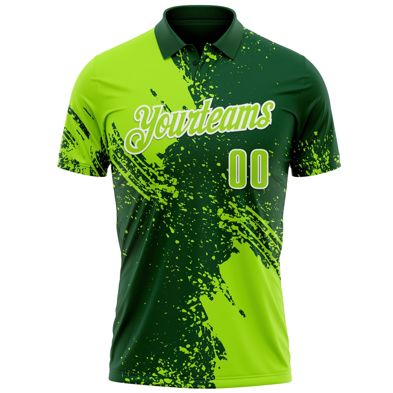 Custom Neon Green Green-White 3D Pattern Design Abstract Brush Stroke Performance Polo Shirt view 2