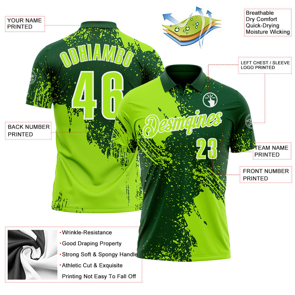 Custom Neon Green Green-White 3D Pattern Design Abstract Brush Stroke Performance Polo Shirt view 3